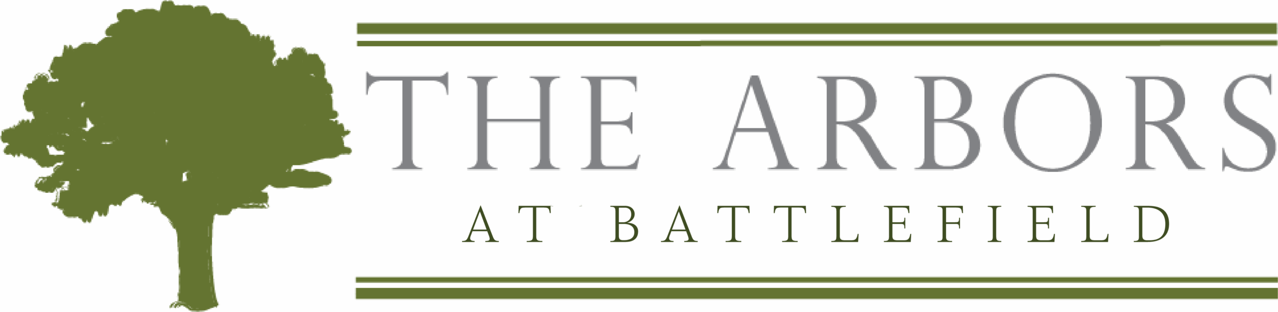 Logo for The Arbors at Battlefield Assisted Living and Memory Care, featuring elegant typography and a tree symbol representing growth and care.