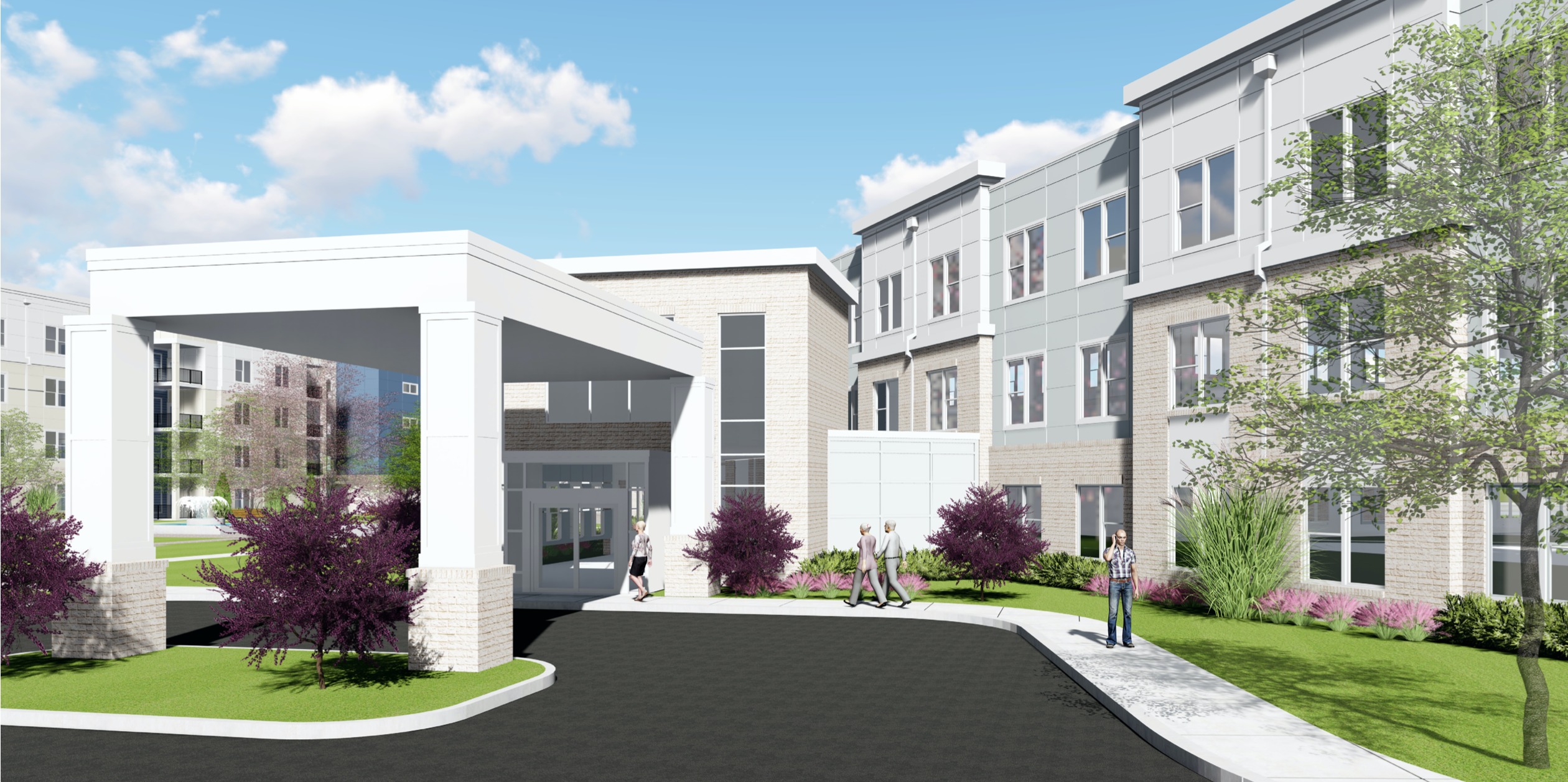Architectural rendering of The Arbors at Battlefield Assisted Living and Memory Care Community entrance, with landscaping, pathways, and residents walking nearby.