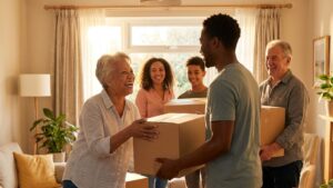 senior with family and moving boxes